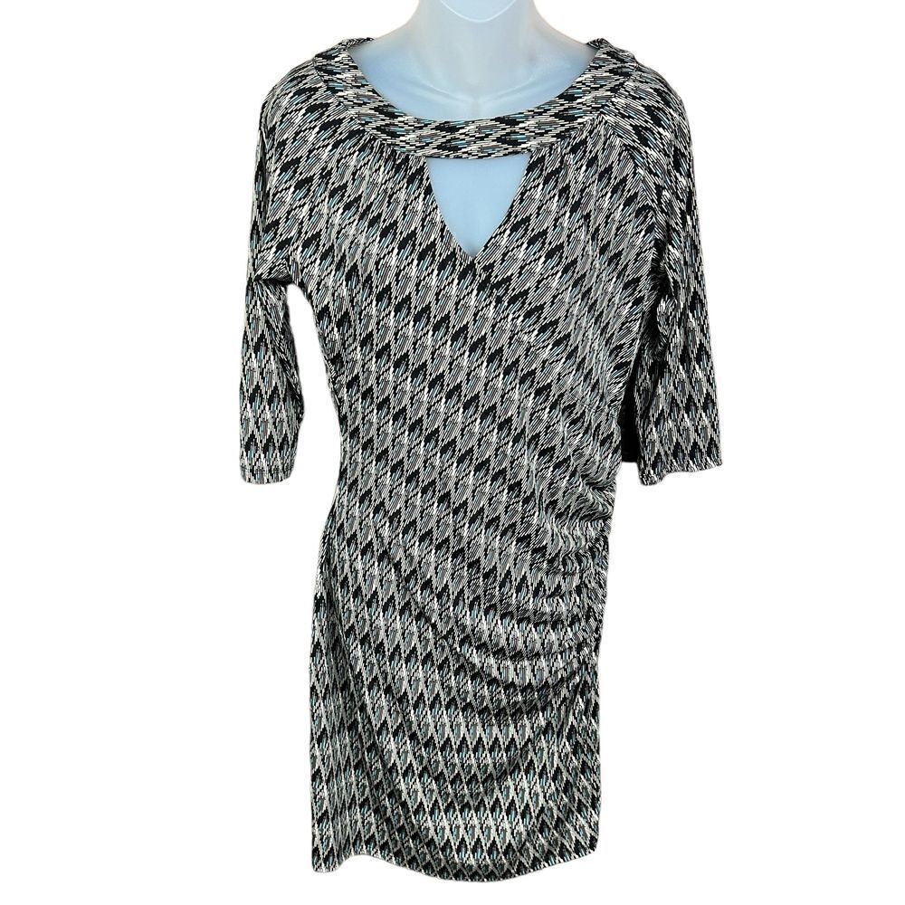 Miss Tina Midi Dress Keyhole V Neck Aztec Black Brown Tan Turquoise Print Medium